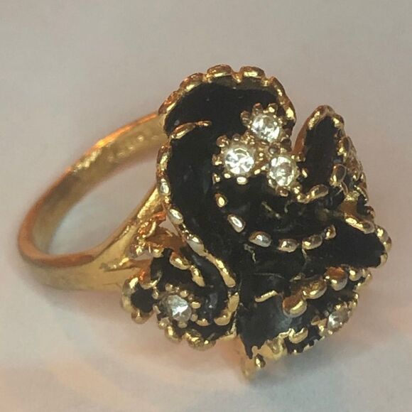 Vtg Gold &‎ Black Crystal Rose Floral RING 18kt HGE sz 5.75 - Picture 1 of 6